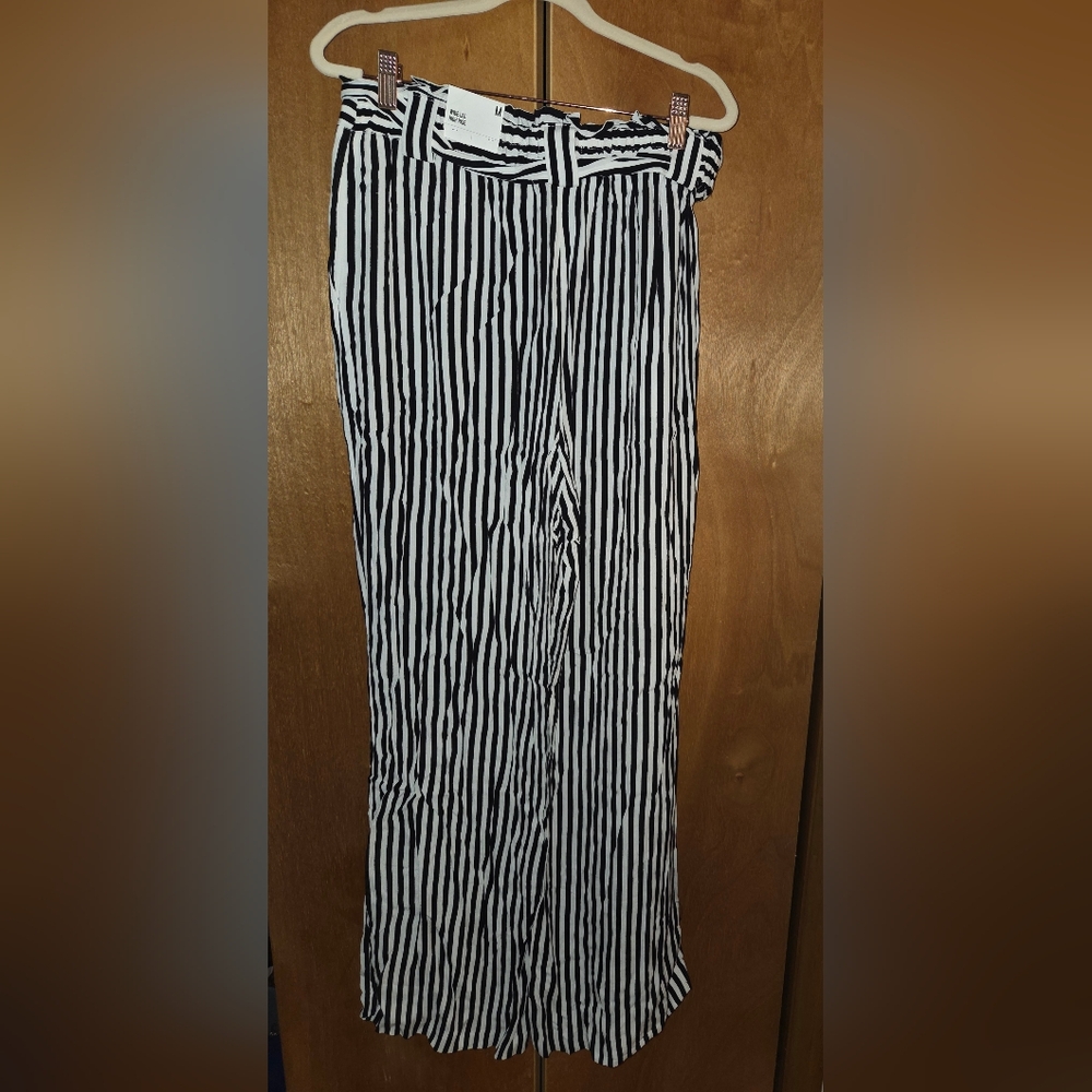 Express White & Black Striped Paperbag Waist Wide Leg Pants